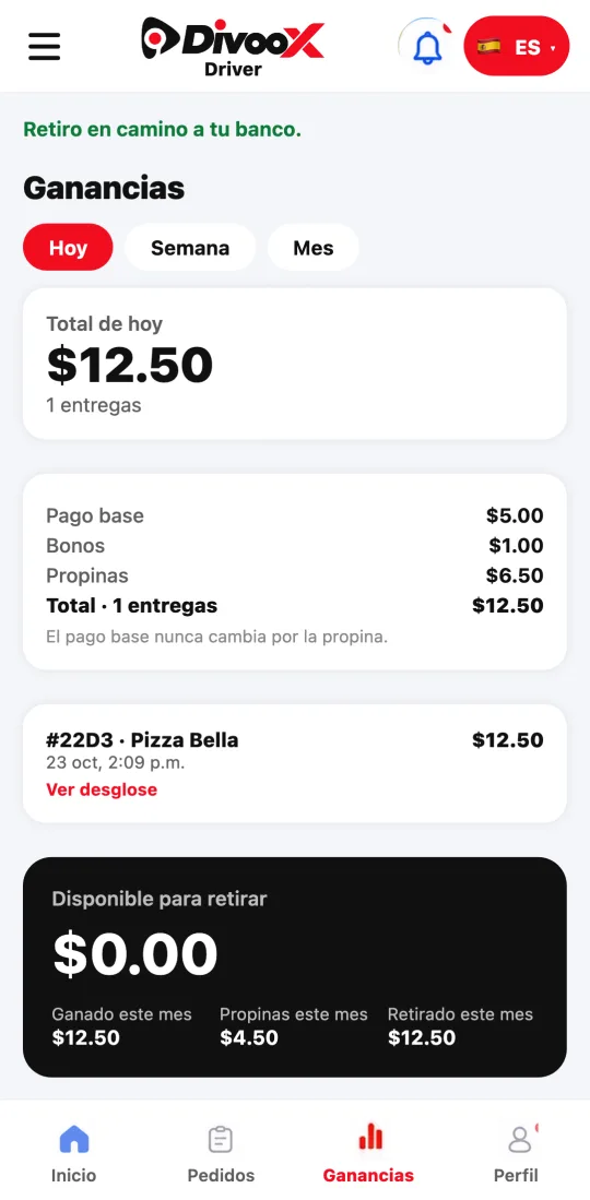 Billetera del repartidor después de retirar: «Retiro en camino a tu banco», el saldo en cero y el retiro en los movimientos.