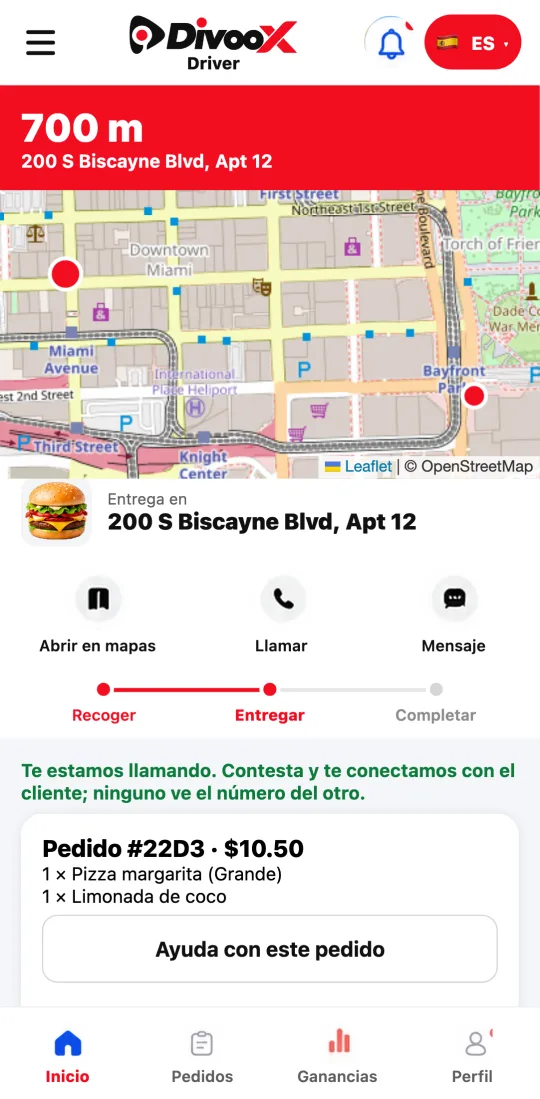 App del repartidor en camino: debajo de «Cómo llegar», el aviso «Soporte está revisando tu caso» después de pedir la excepción «No puedo confirmar mi ubicación».