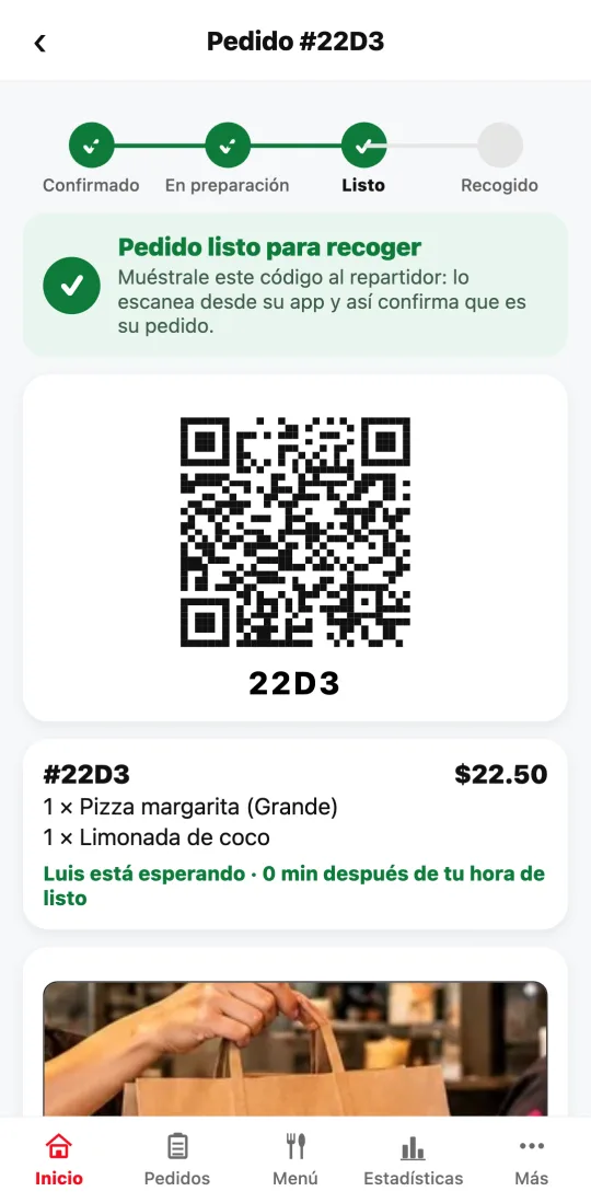 Pedido listo para recoger con el código grande para el repartidor y la foto de la bolsa que tomó el repartidor.