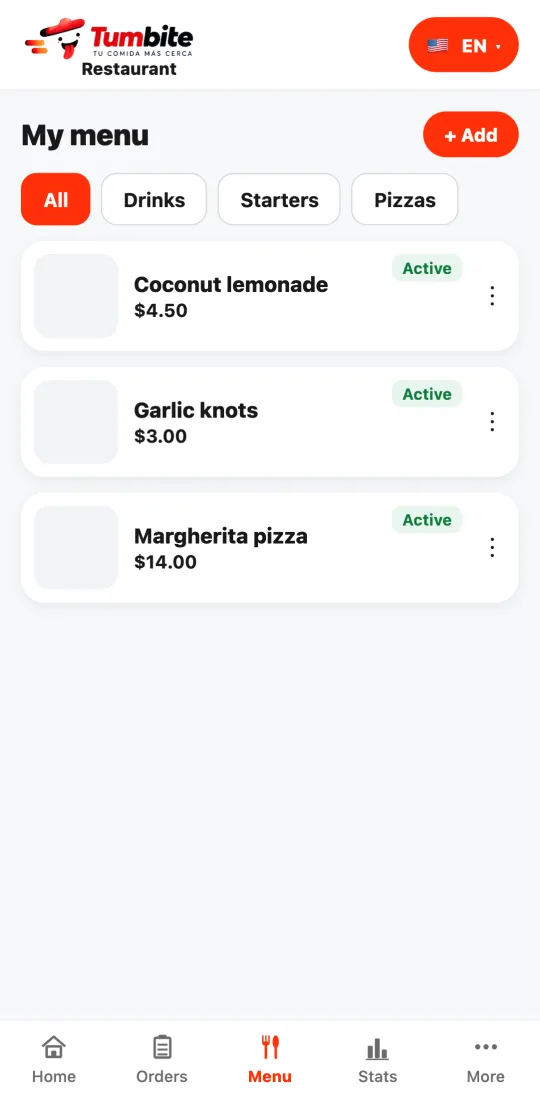 My menu in the restaurant app: dishes with price, the “Active” tag, and the three dots to edit, mark sold out, or delete.