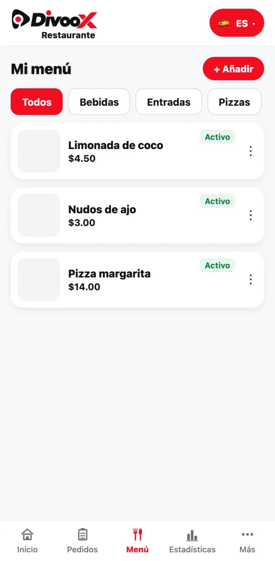 Mi menú en la app del restaurante: platos con precio, la marca «Activo» y los tres puntos para editar, agotar o eliminar.
