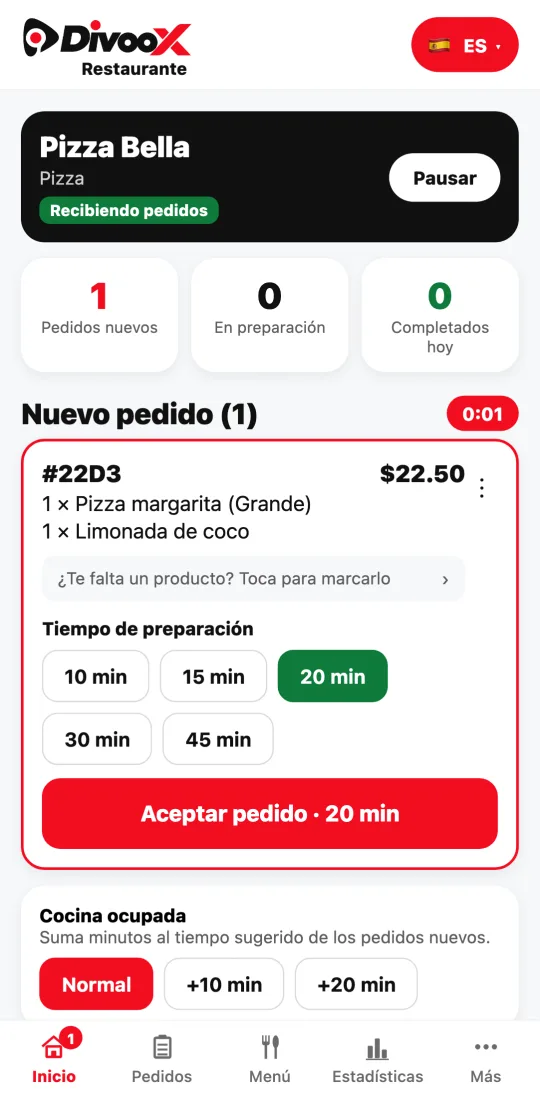 Pantalla real de la app del restaurante con un pedido nuevo y el tiempo para aceptarlo