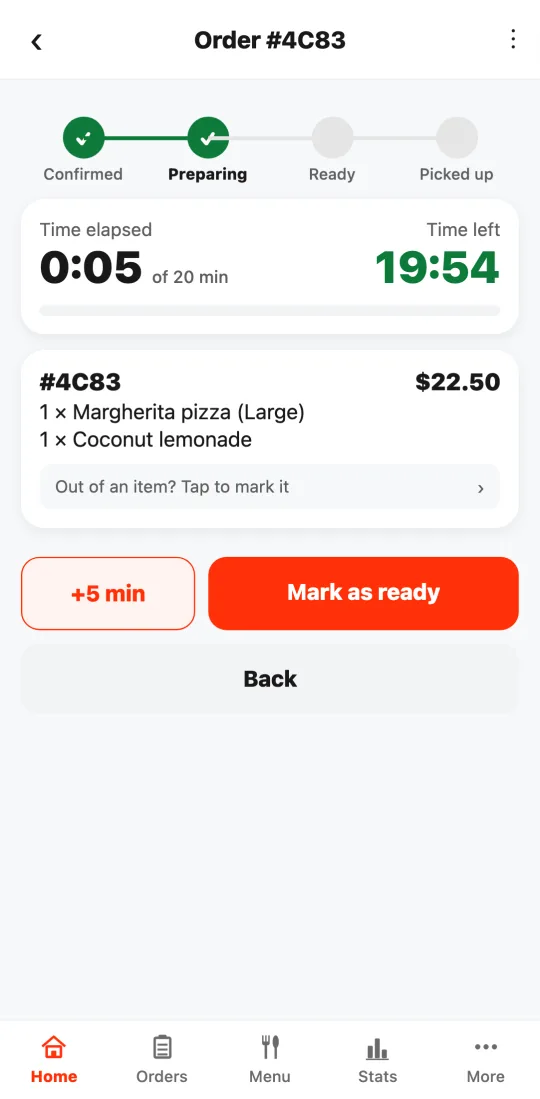 Order being prepared: order steps, time elapsed and time left, and the “+5 min” and “Mark as ready” buttons.