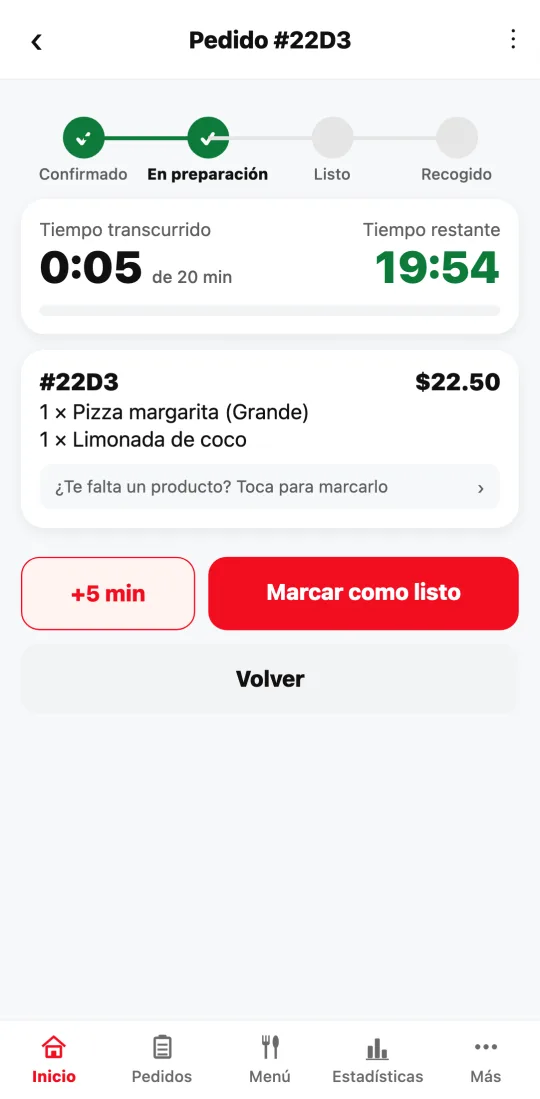 Pedido en preparación: pasos del pedido, tiempo transcurrido y tiempo restante, y los botones «+5 min» y «Marcar como listo».