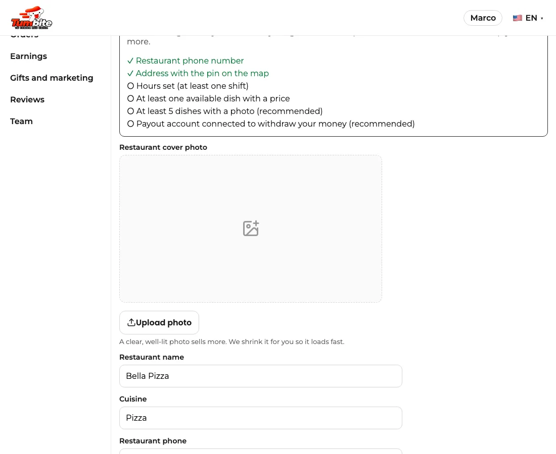 “Ready to open” card in the restaurant panel: phone and address checked in green; hours, dishes, photos, and payout account still pending.