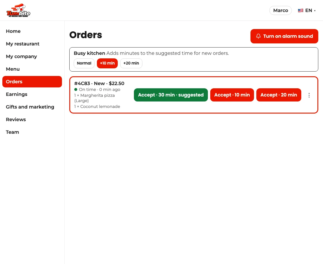 Restaurant orders panel with “Busy kitchen” set to +10 min and the green “Accept · 30 min · suggested” button on the new order.