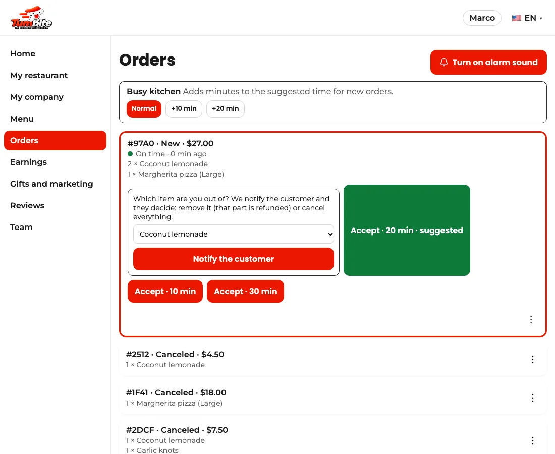 Restaurant panel with “I’m out of an item”: the list to pick the item and the “Notify the customer” button.