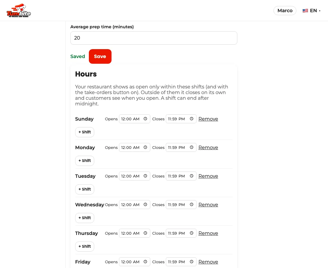 The restaurant hours in the panel: one row per day with opening and closing shifts and the button to copy Monday to the whole week.