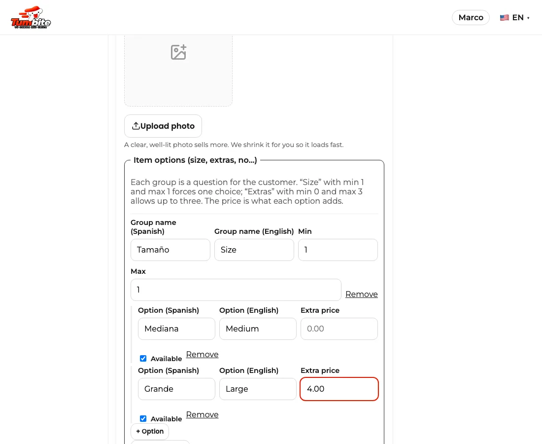Item options editor in the panel: “Size” group with min 1 and max 1, Medium and Large options with a 4-dollar extra price.