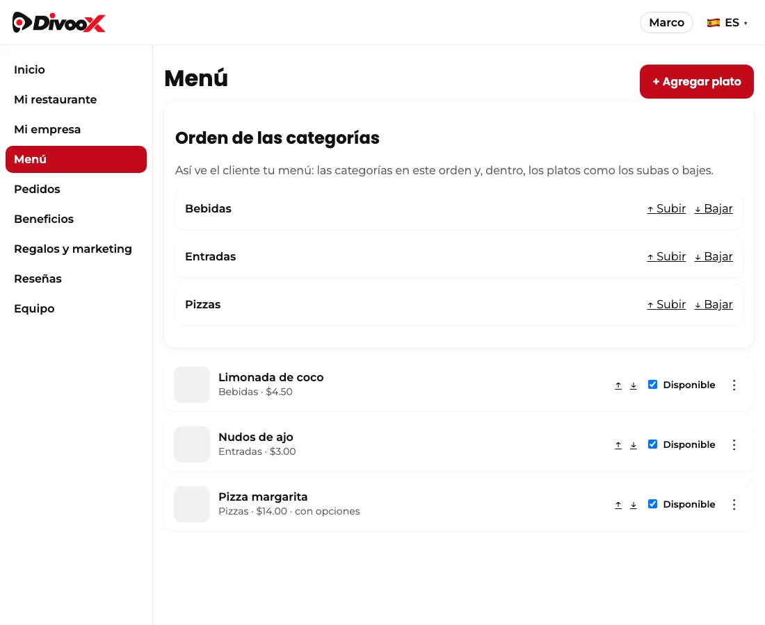 Pantalla Menú del panel con el bloque «Orden de las categorías» y las flechas para subir o bajar cada categoría y cada plato.