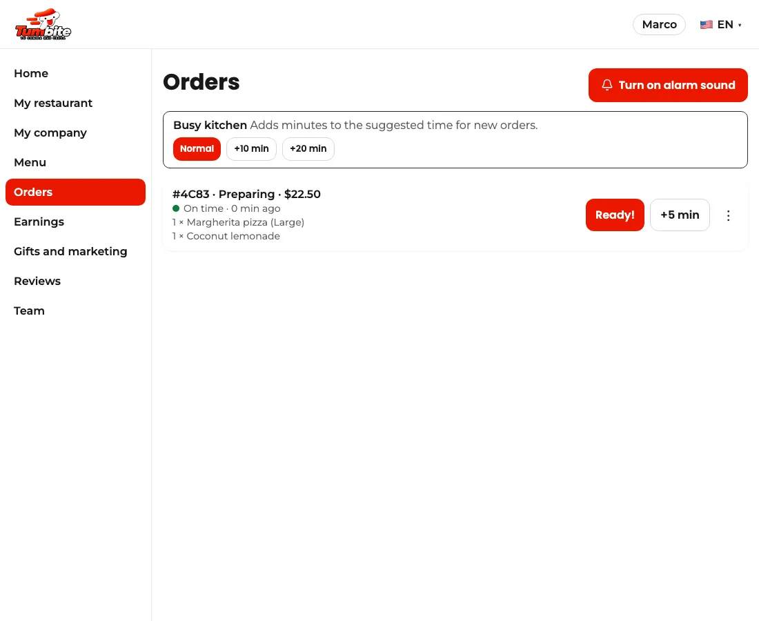 Accepted order being prepared, with the “Ready!” button.