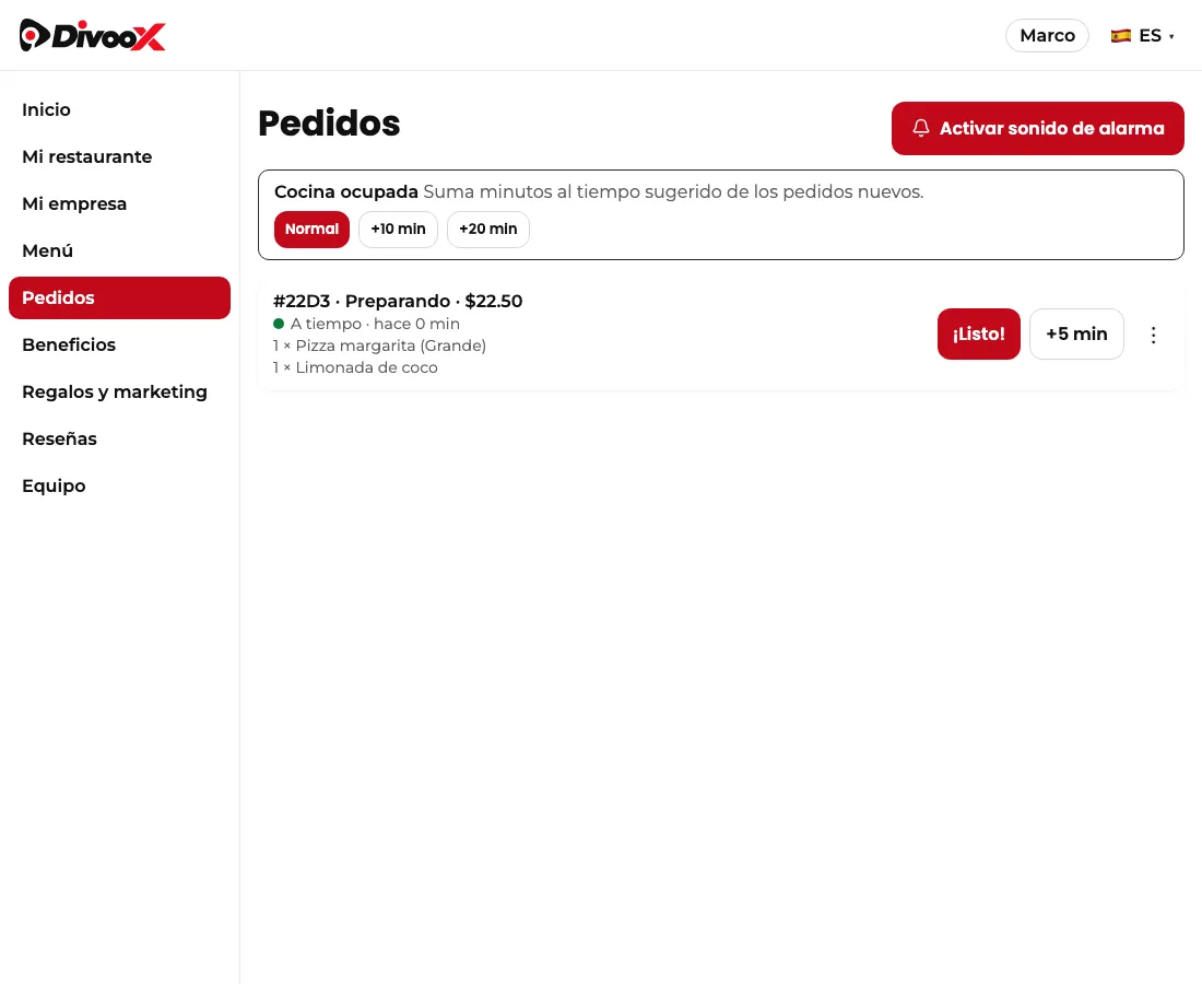 Pedido aceptado y en preparación, con el botón «¡Listo!».