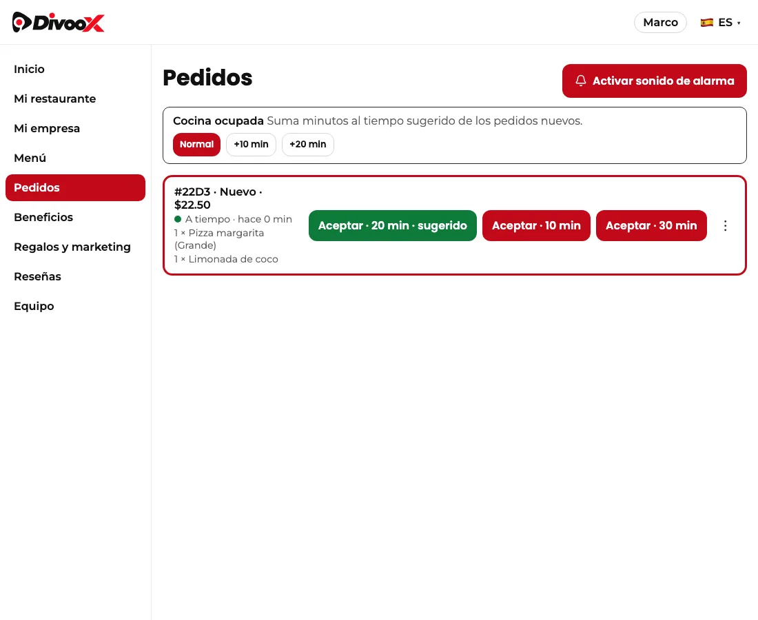 Pedido nuevo en el panel con el semáforo en verde y los botones para aceptar en 10, 20 o 30 minutos.