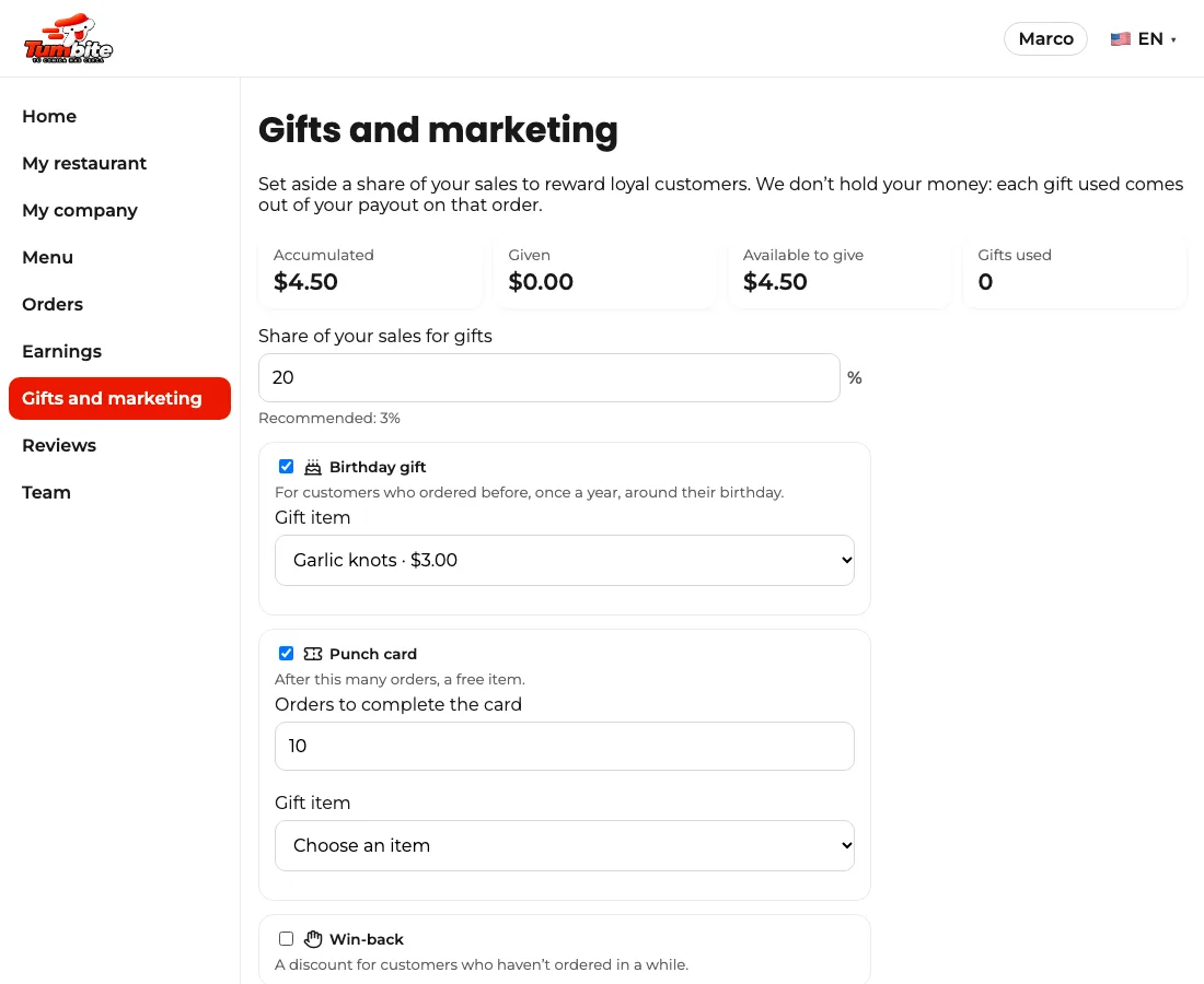 “Gifts and marketing” screen with accumulated, given, and available amounts, the share of sales for gifts, and the birthday gift item.