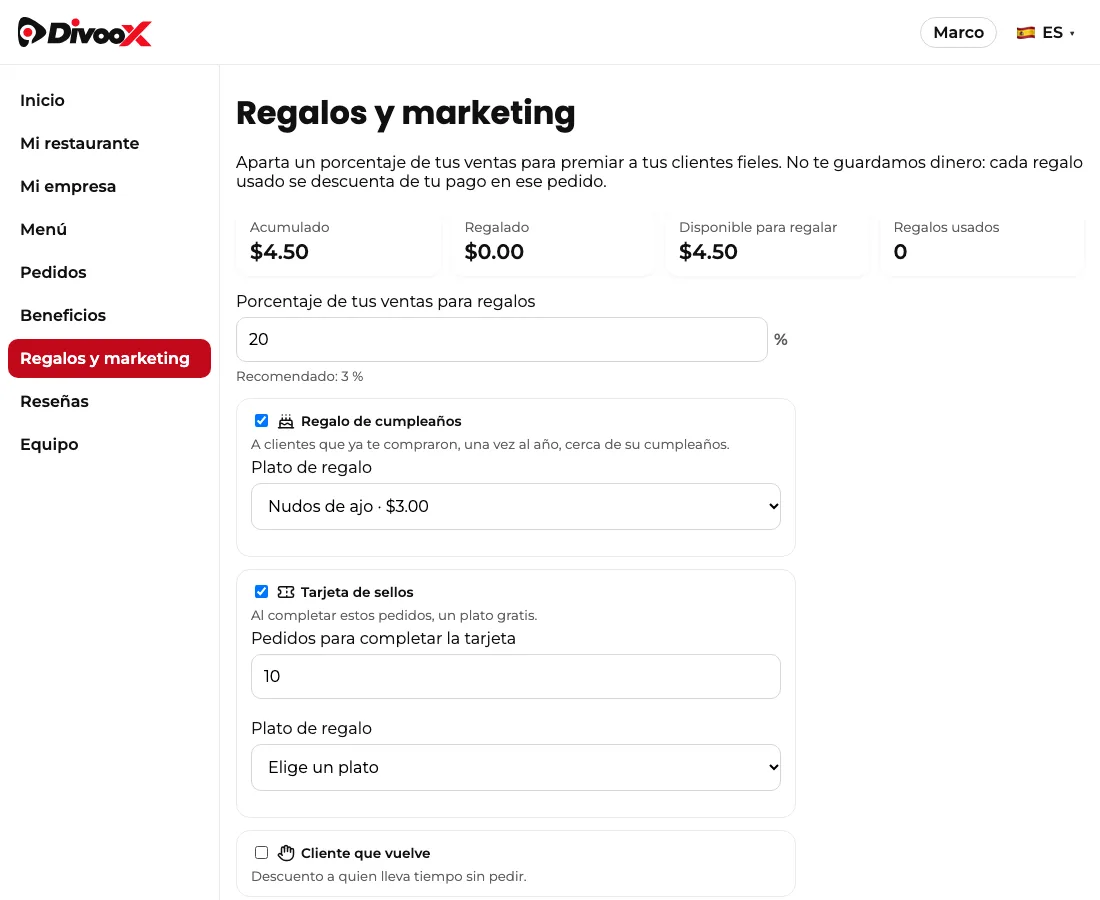 Pantalla «Regalos y marketing» con lo acumulado, lo regalado y lo disponible, el porcentaje de ventas para regalos y el plato del regalo de cumpleaños.