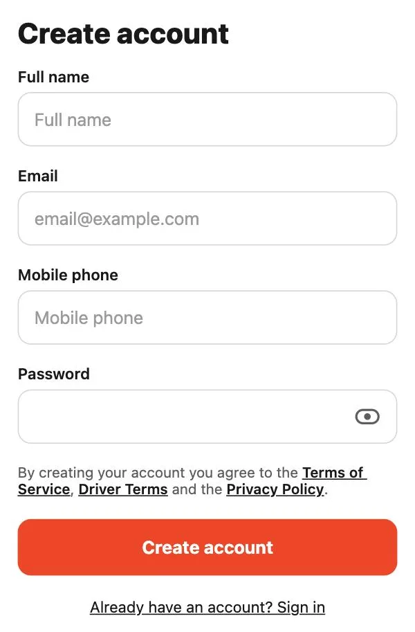 “Create account” screen in the Tumbite driver app with full name, email, mobile phone, and password.