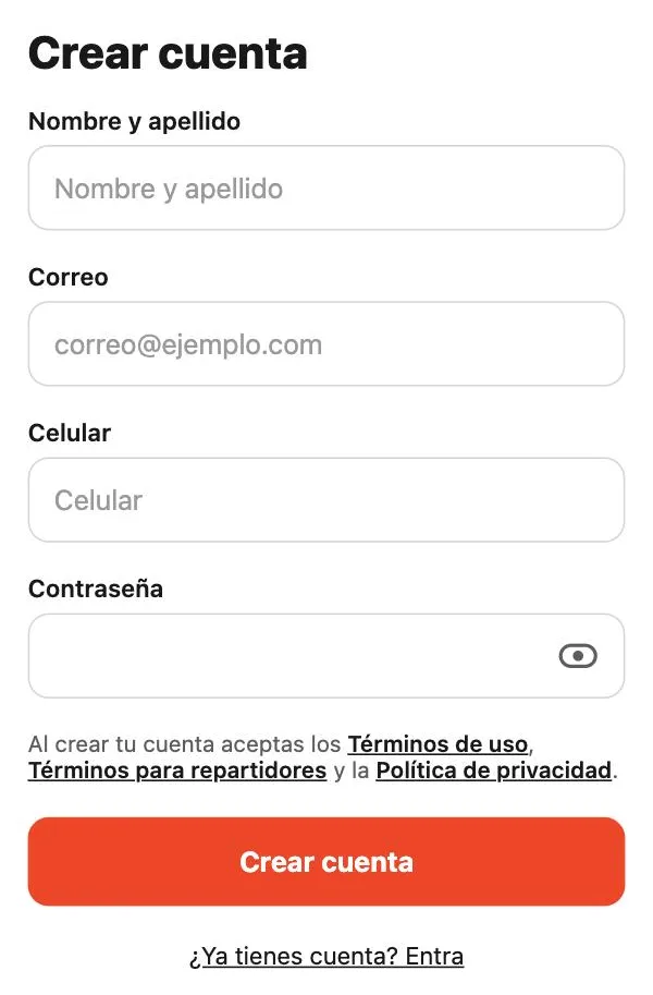 Pantalla «Crear cuenta» de la app de repartidores de Divoox con nombre y apellido, correo, celular y contraseña.