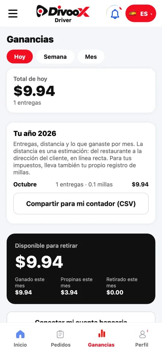 «Tu año» en Ganancias de Divoox Driver: entregas, millas y ganancias por mes.