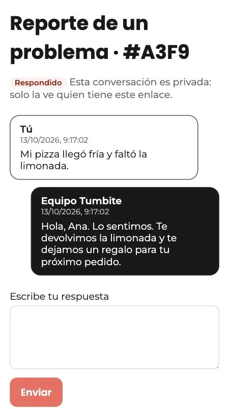 Conversación privada de un reporte en Divoox: el mensaje del cliente y la respuesta del equipo de Divoox, con la casilla para responder.
