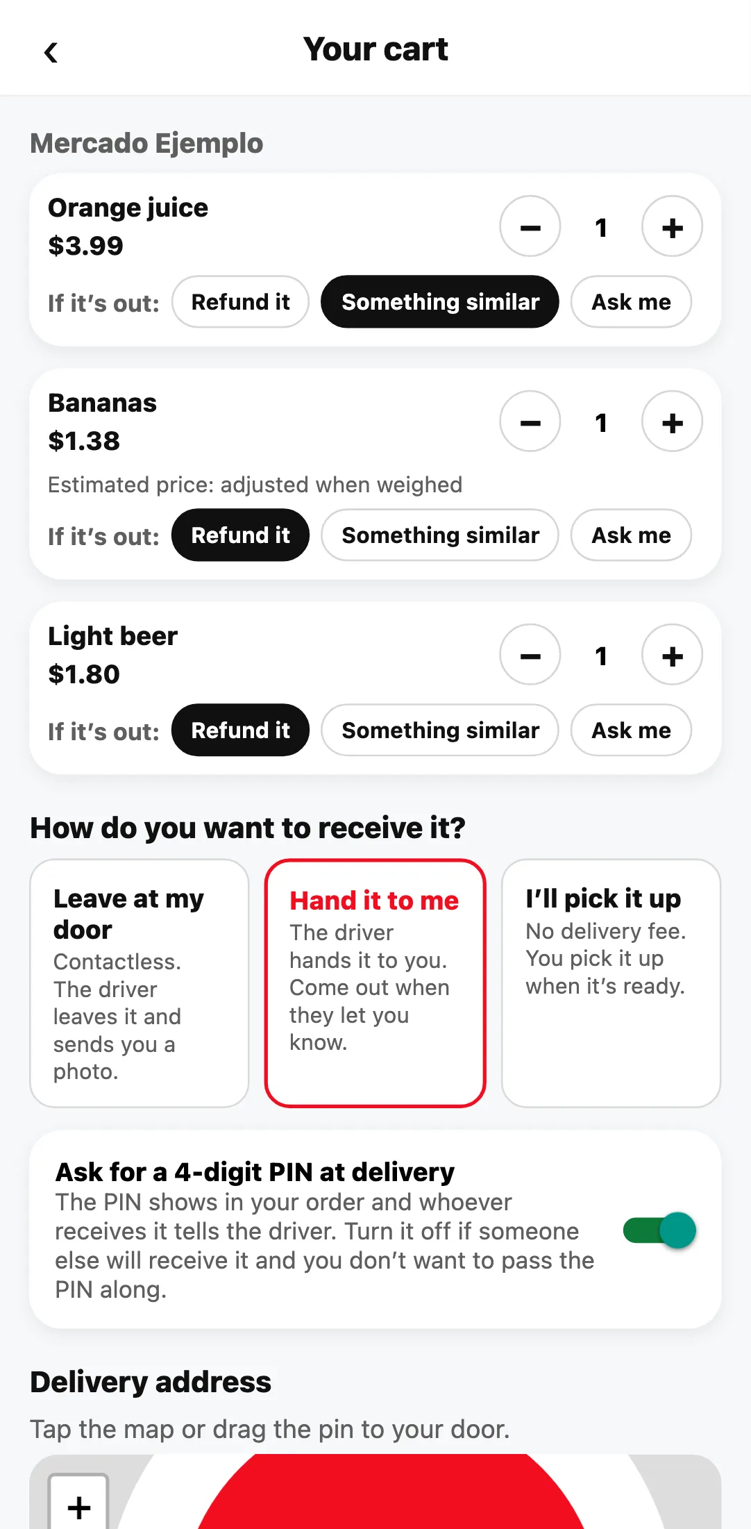 A store cart in the Divoox app, with the choice of what happens if each item is out.
