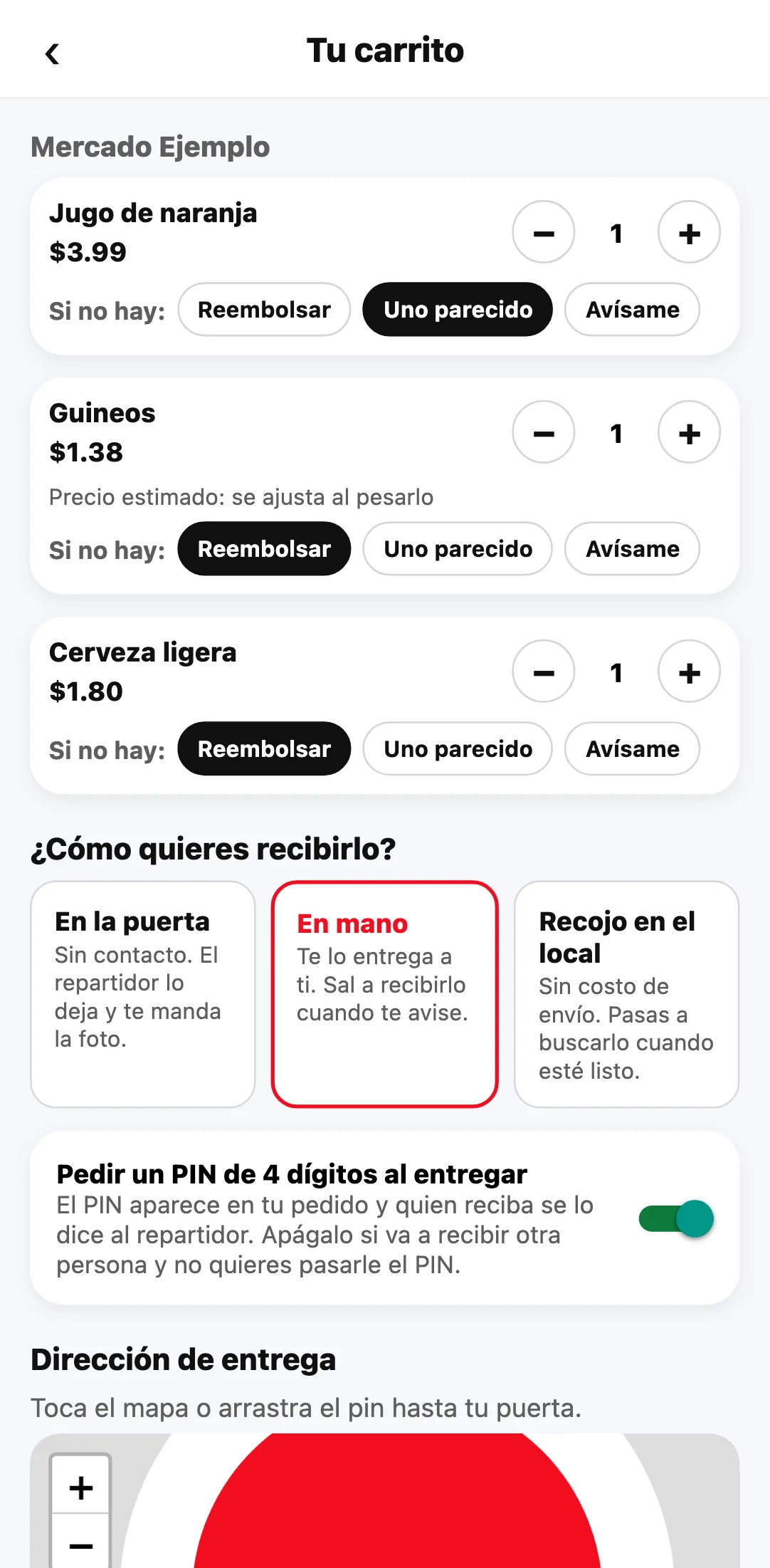 El carrito de una tienda en la app de Divoox, con la opción de qué hacer si falta cada producto.