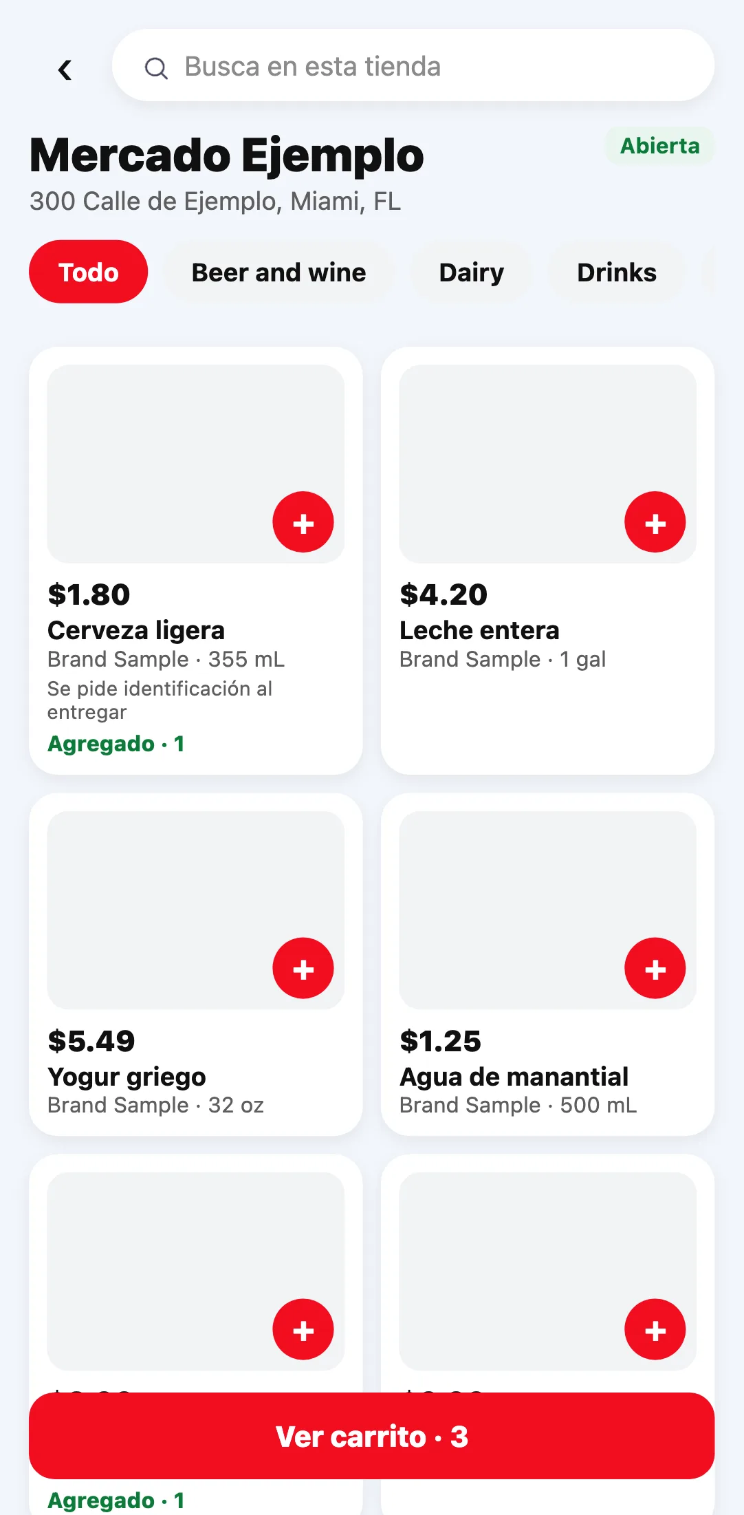 Una tienda por dentro en la app de Divoox, con los pasillos, el buscador y los productos con su precio.