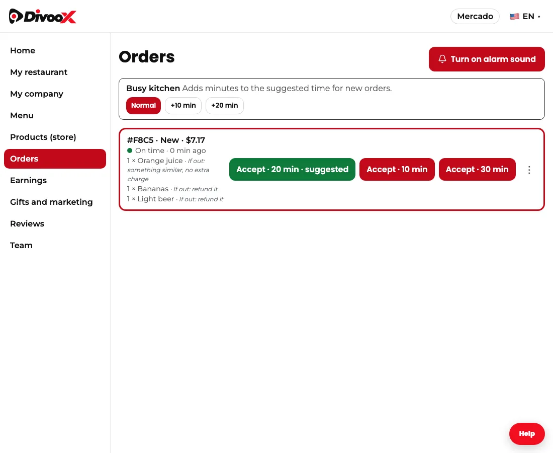 A store order in the Divoox dashboard, showing what the customer wants if each item is out.