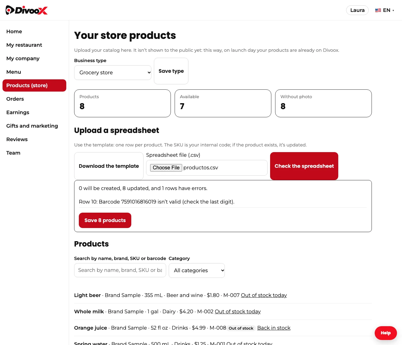 A store’s Products screen in the Divoox dashboard, with the spreadsheet preview and the product list.