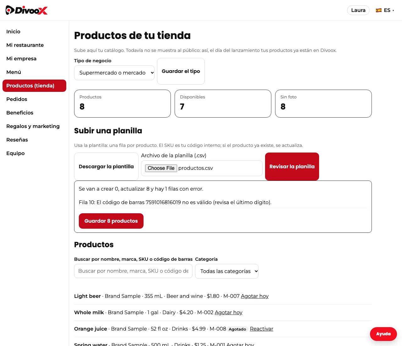 Pantalla Productos de una tienda en el panel de Divoox, con la vista previa de la planilla y la lista de productos.