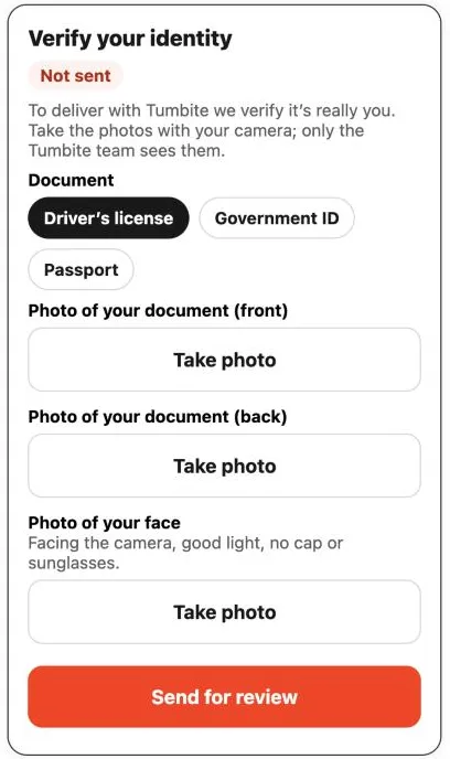 “Verify your identity” screen in the Tumbite driver app, with the ID and the face photo.