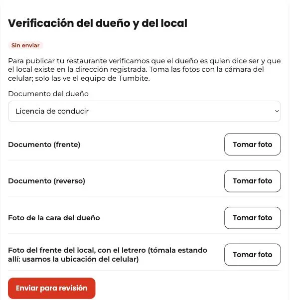 Sección «Verificación del dueño y del local» del panel del restaurante, con el tipo de documento y los botones «Tomar foto» para el documento, la cara del dueño y el frente del local.