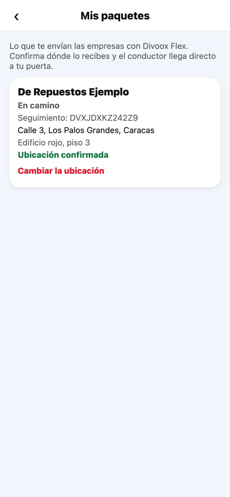 Mis paquetes en la app de Divoox, con la ubicación confirmada