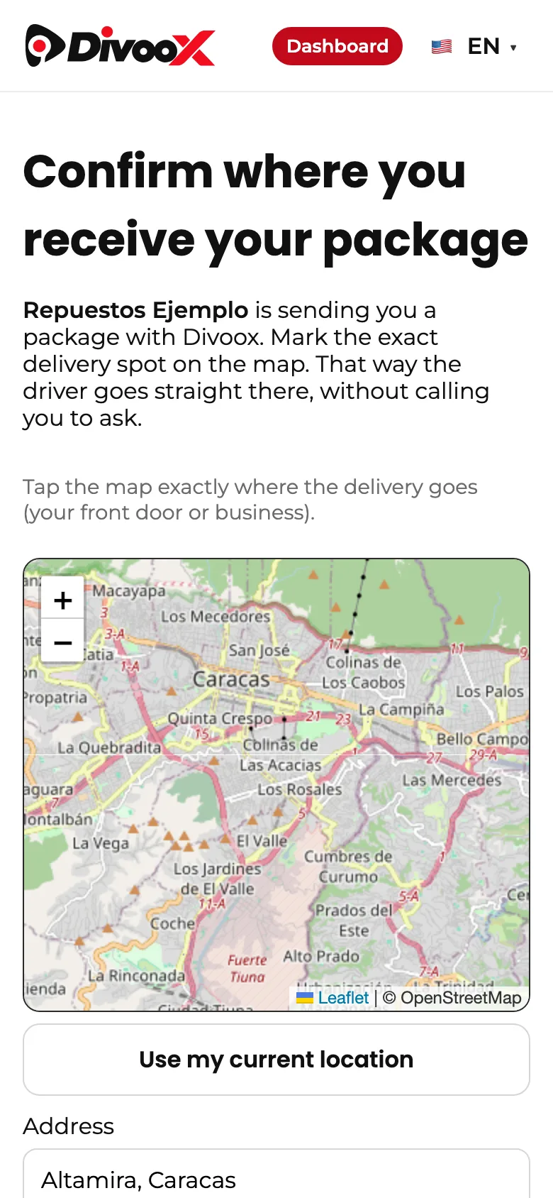 Screen where the recipient marks on the map where they receive their package