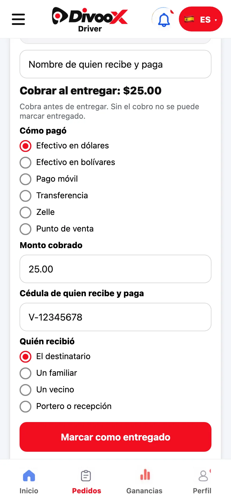 El conductor registra el cobro en la app antes de entregar