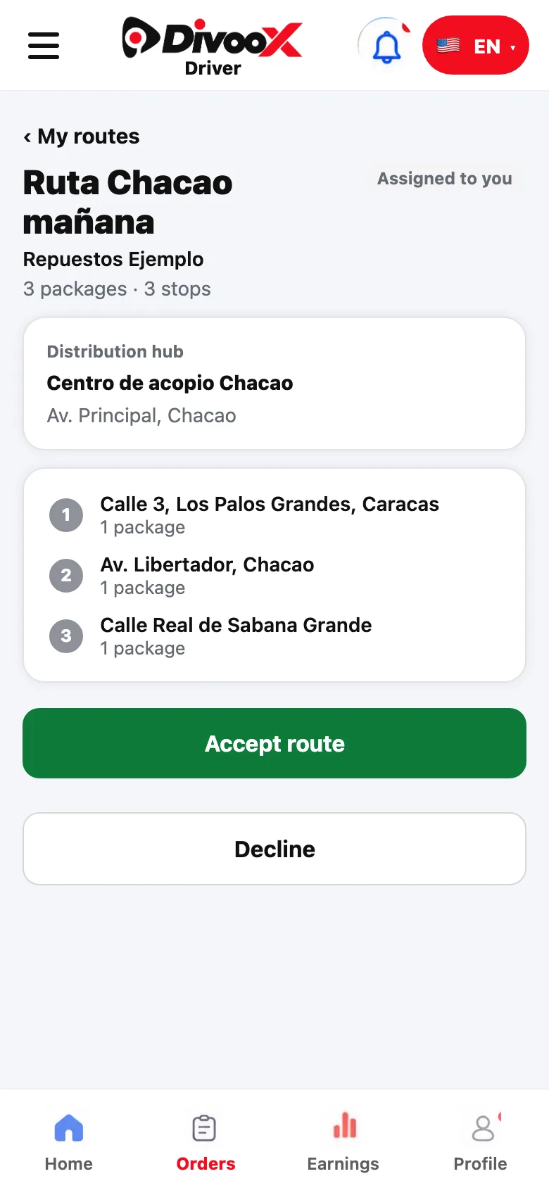 Package route in the Divoox Driver app