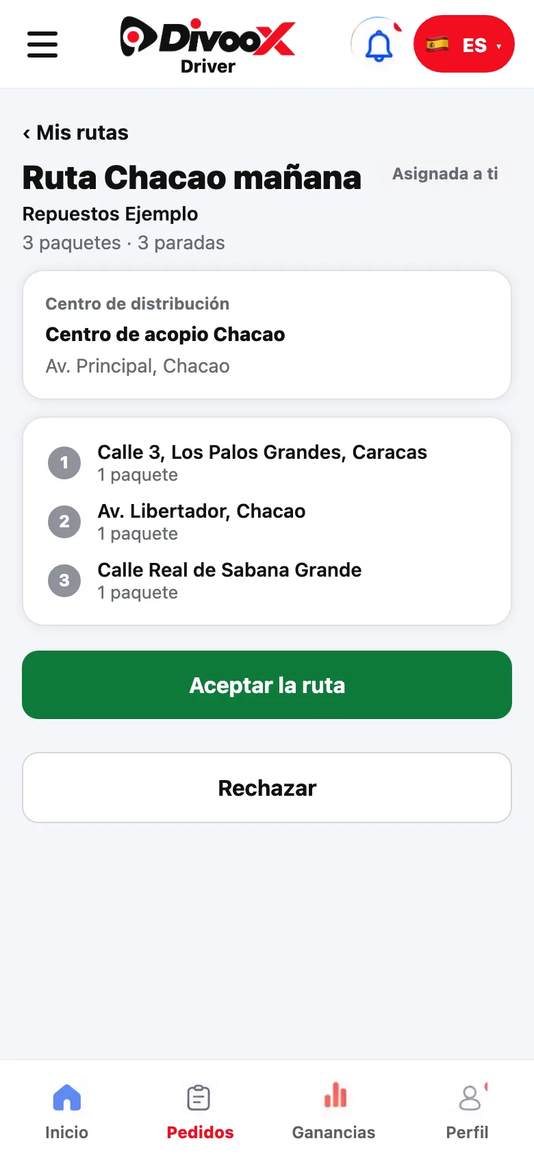 Ruta de paquetes en la app Divoox Driver