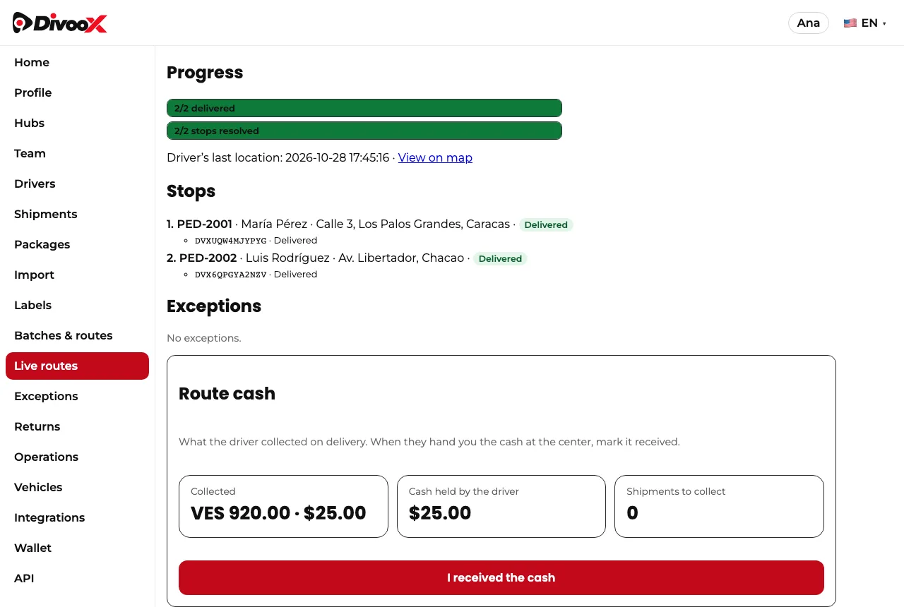 A route’s cash panel with what was collected and the cash to receive
