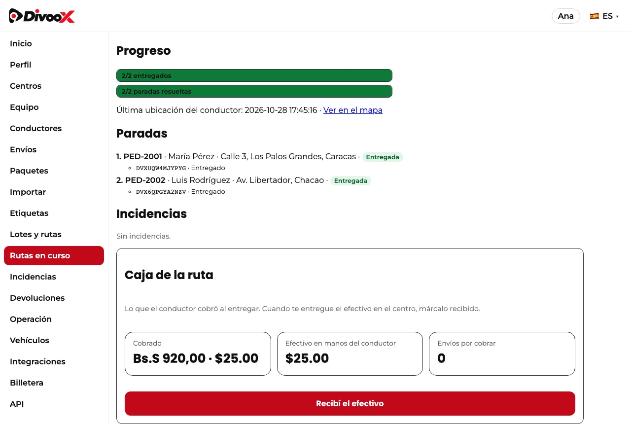 La caja de una ruta con lo cobrado y el efectivo por recibir