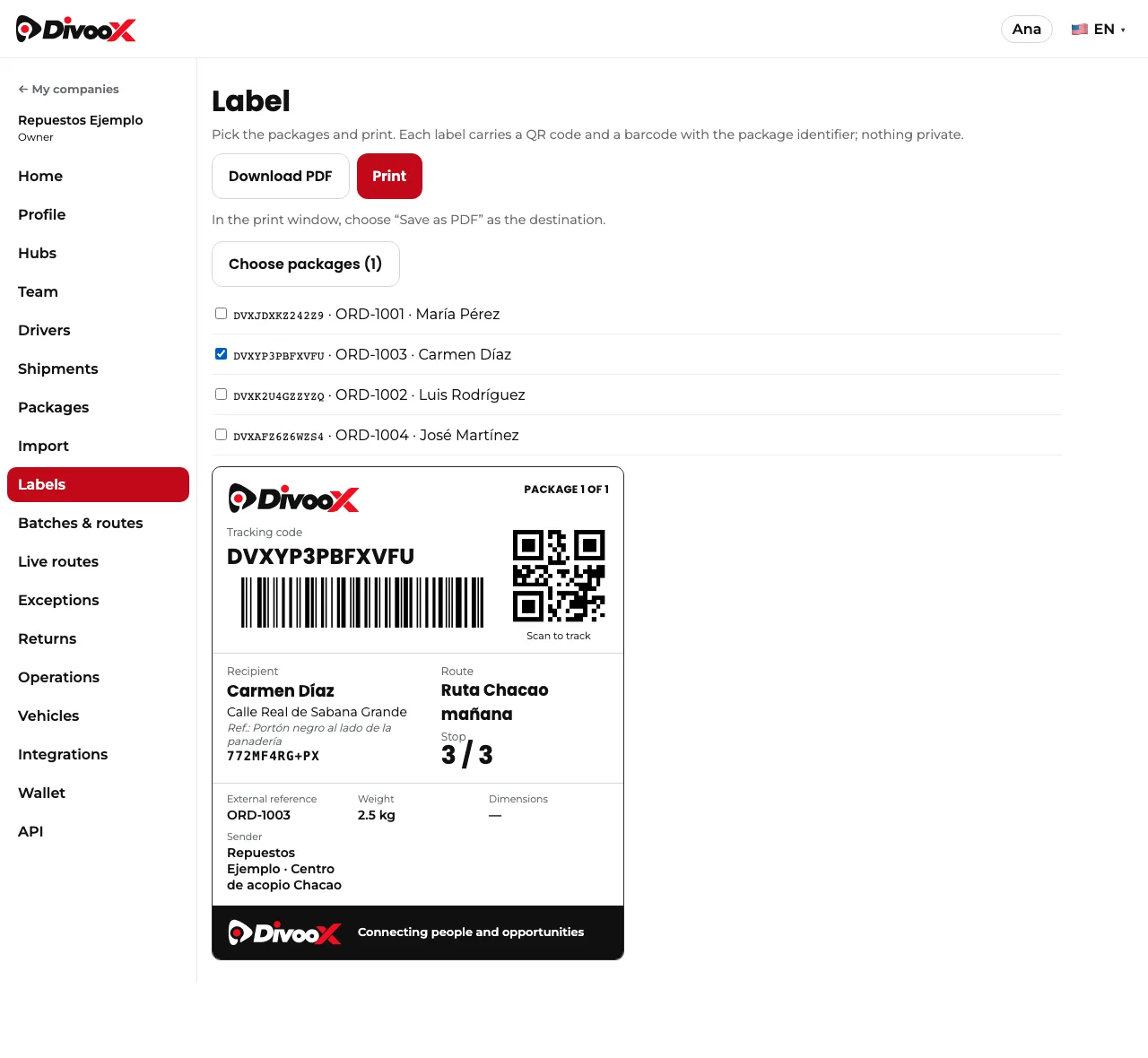 Package label with QR code, barcode and plus code