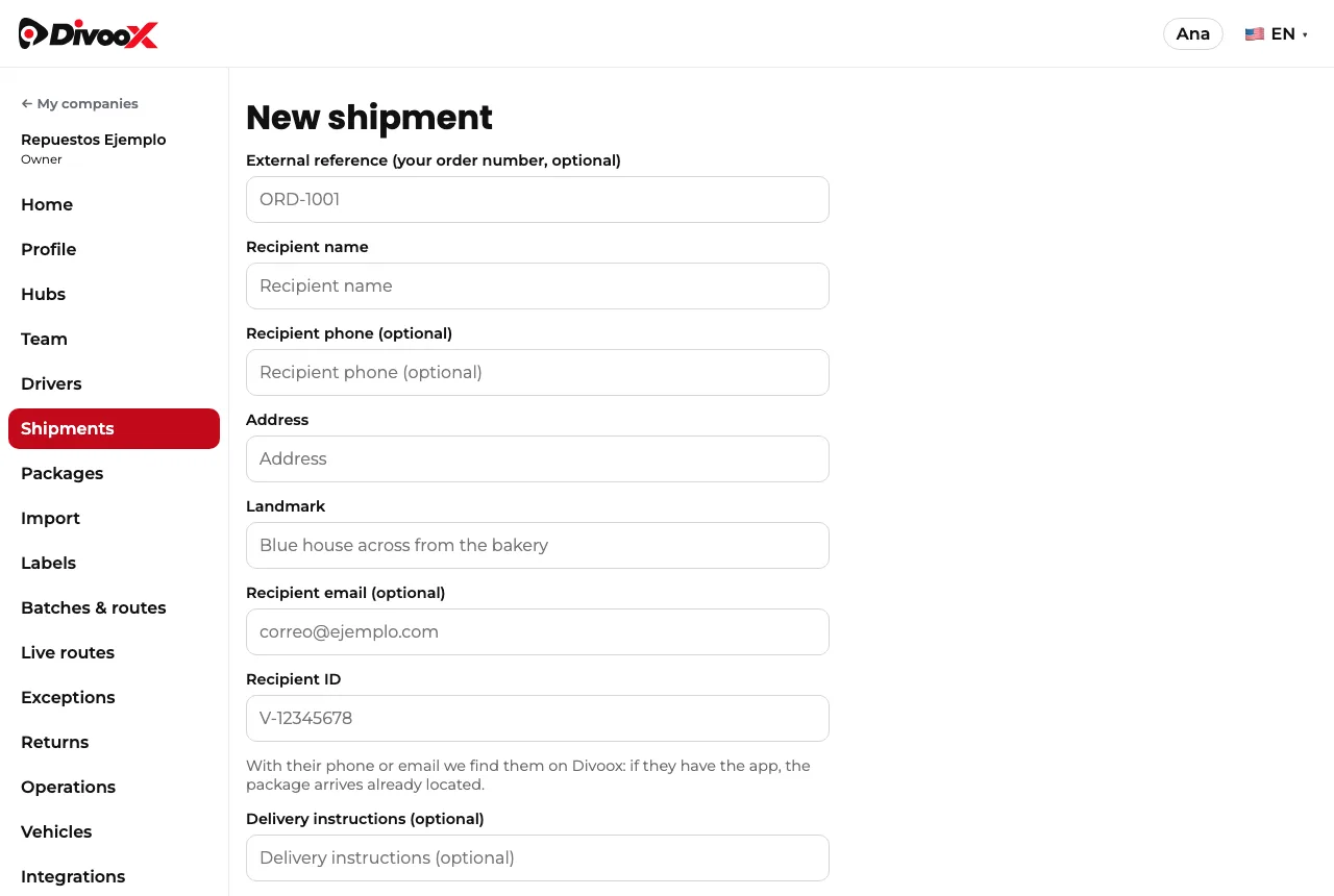Form to create a shipment in the Divoox Flex dashboard