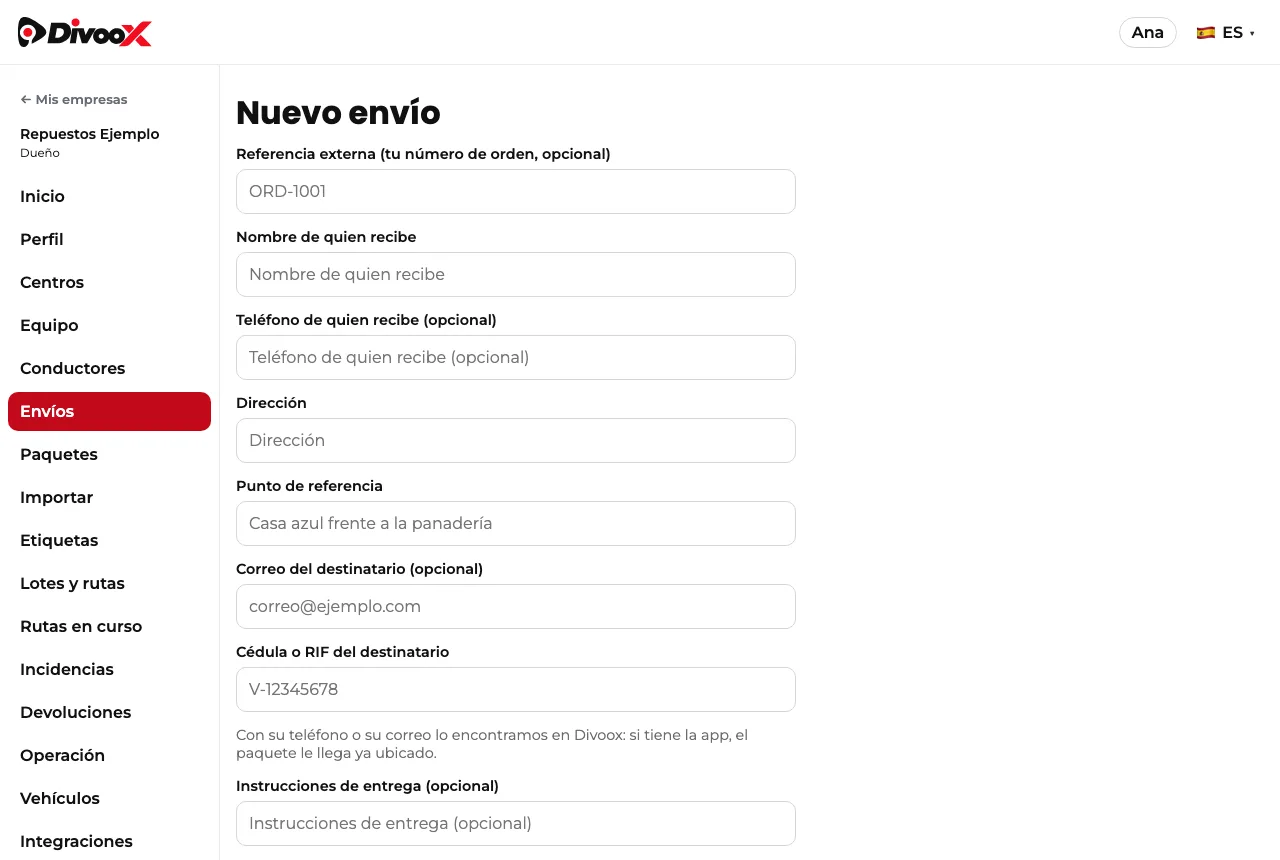 Formulario para crear un envío en el panel de Divoox Flex