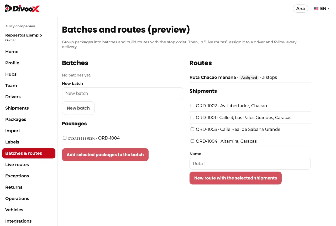 Batches and routes in the Divoox Flex dashboard