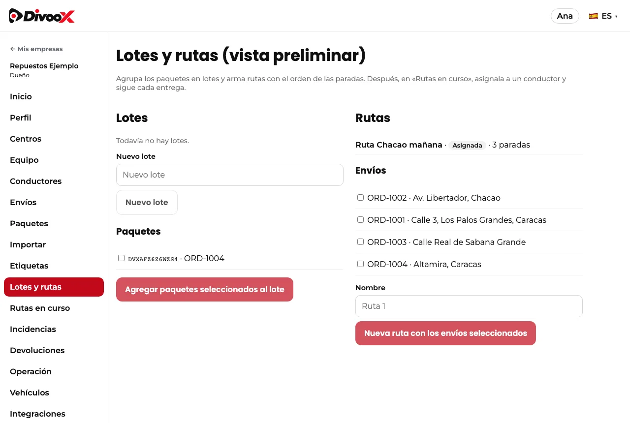Lotes y rutas en el panel de Divoox Flex