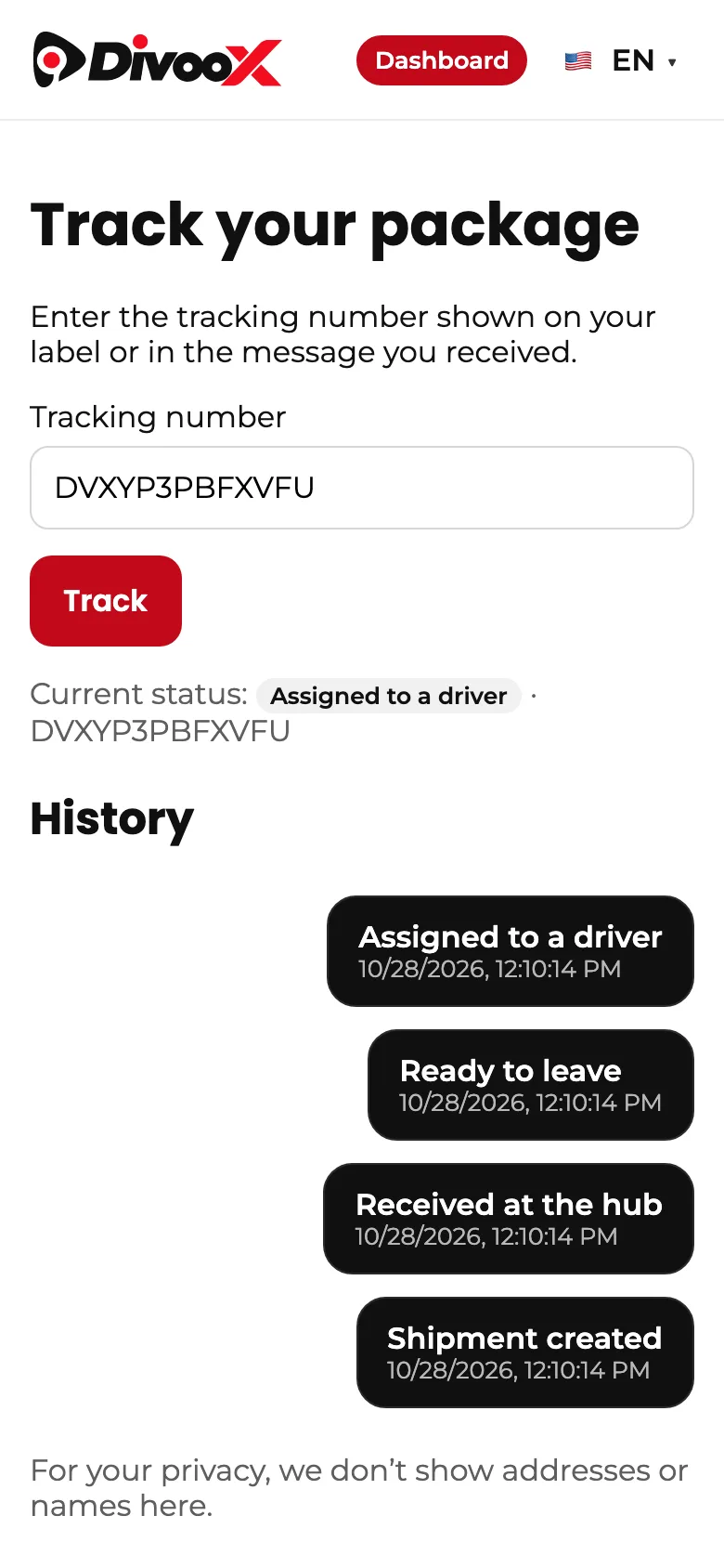 Package tracking page by tracking number
