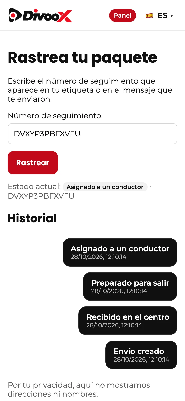 Página de rastreo de un paquete por su número de seguimiento