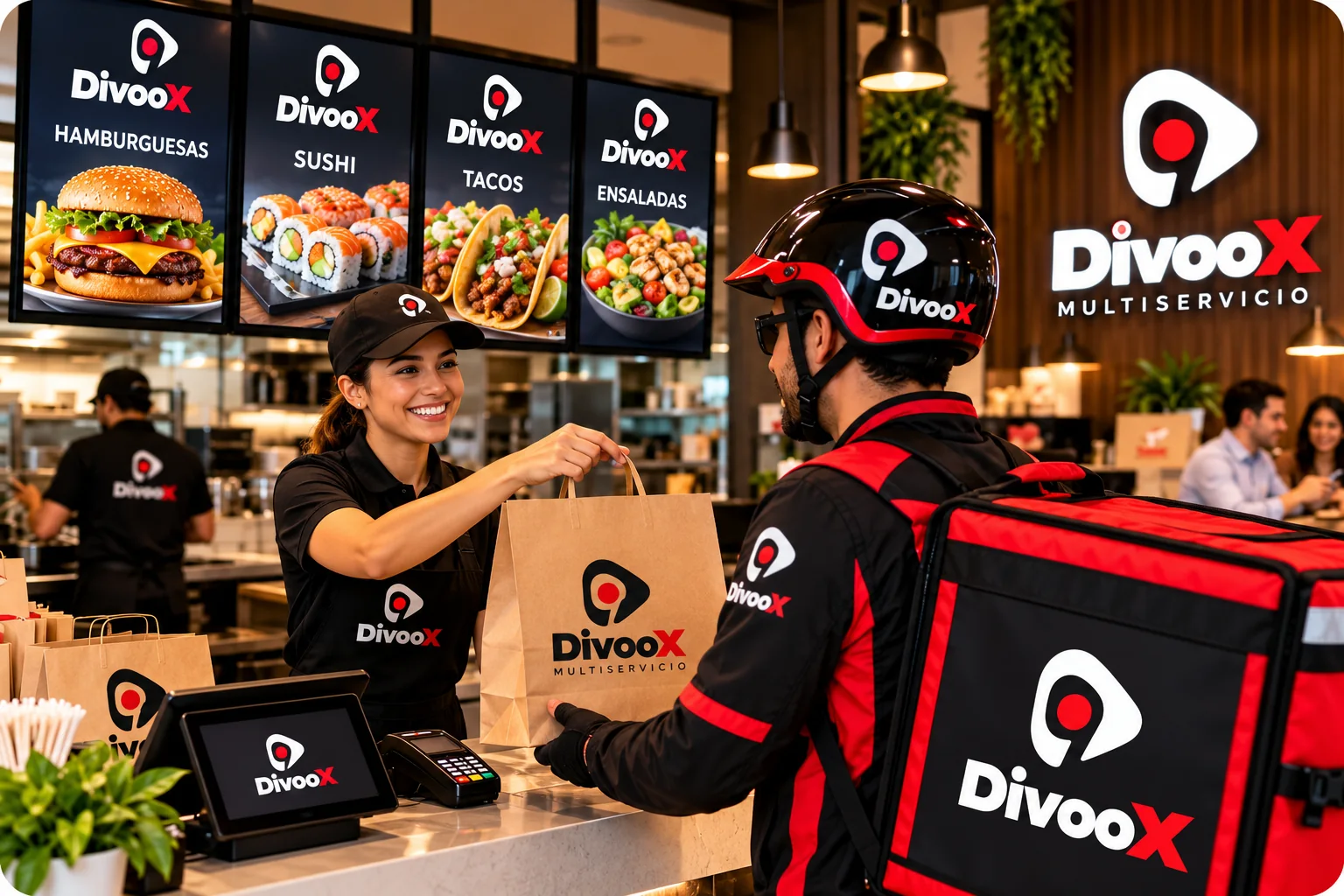 Un repartidor de Divoox recoge un pedido en el mostrador de un restaurante